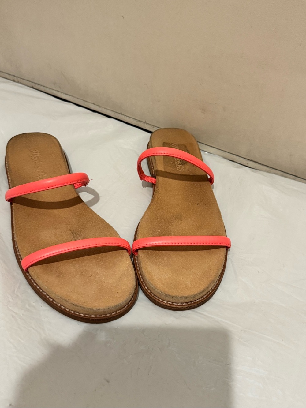 Leather Women’s Double-Strap Slide Sandals in Coral Pink